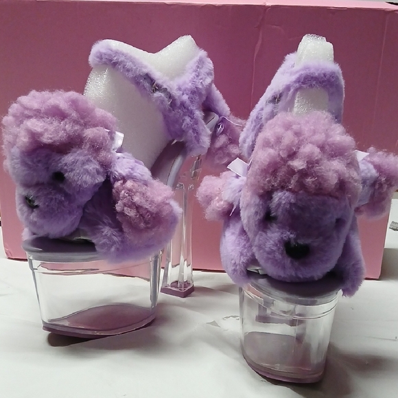 Dolls Kill Shoes - Dolls Kill Sugar Thrillz Purple Fur Plush Poodle Clear Acrylic Platform Heels 8